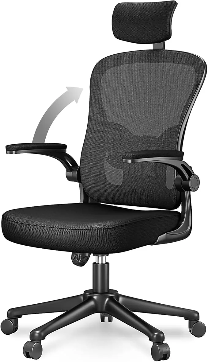 rattantree Silla de Oficina, Silla de Escritorio Ergonómica con Reposacabezas Ajustable y Soporte Lumbar, Respaldo de Malla Transpirable, Reposabrazos Abatibles de 90°, Silla Giratoria de 360°