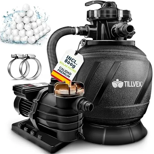 tillvex Depuradora de Agua para Piscina con Temporizador 10 m³/h + 800g Bolas de Filtro - 7 Funciones de Filtrado & Adaptador 2 en 1 Ø32-38 mm - Bomba de Filtro de Arena con Válvula (AquaBlack Pro)