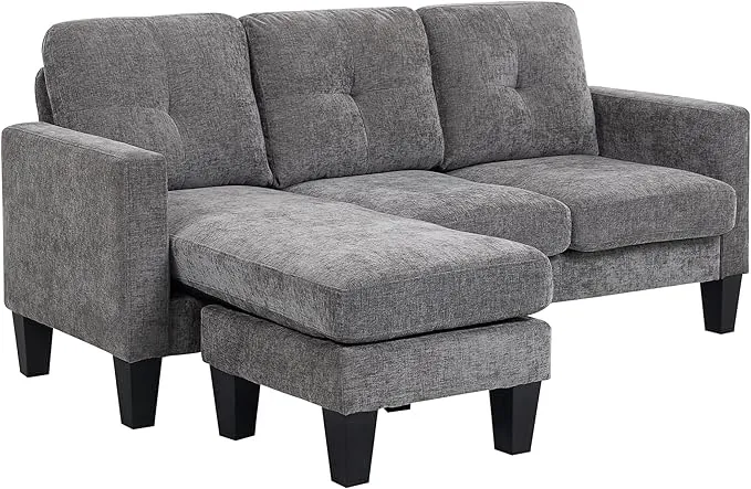 HOMCOM Sofá Chaise Longue Reversible, Sofá de 3 Plazas en Forma de L, Tapizado en Chenilla, Asiento y Respaldo Acolchados, Estructura de Acero, 186x130x84 cm, Gris Oscuro