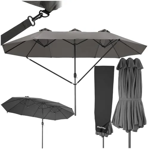 tectake®, Sombrilla Doble Grande con Poste Estable, Revestimiento UV, Parasol Terraza Exterior, Mecanismo de Manivela, Protección Viento y Funda, Ideal como Parasol Jardin, Terraza y Playa - Gris