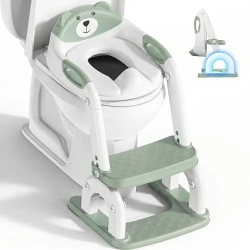 Adaptador Baño Niños, Plegable Portatil Infantil Asiento Inodoro, 2 en 1 Asiento Inodoro Niños para Niños y Niñas, WC Niños con Escalera, Taburete de Escalera con Cojín Antideslizante (pistacho)