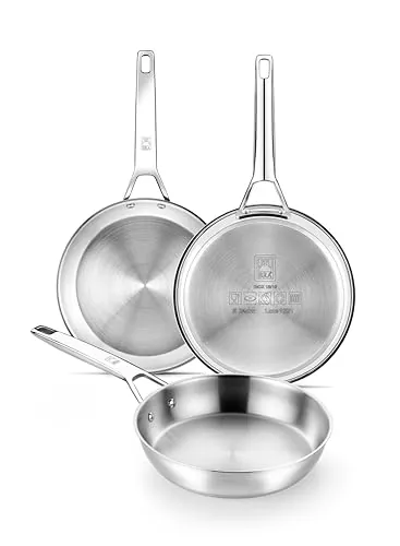 BRA Signature | Set 3 Sartenes 20-24-26, Acero Inox 18/10 Profesional Sin Antiadherente, Triple Fondo Difusor Apto Todo Tipo De Cocinas E Inducción, Acabado Pulido