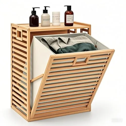 LIFEZEAL Armario Cesto para Ropa Sucia de Bambú, 50 x 35 x 64 cm | Mueble de Lavandería con Estantes Abiertos, Cestos para Ropa y Bolsas de Tela Desmontables, para Baño, Dormitorio y Salón