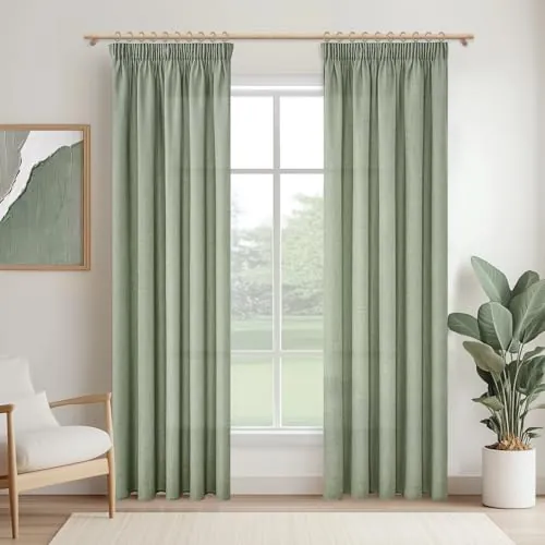 MRTREES Cortinas con Ganchos Salon Modernas 2 Piezas 140x240 CM, Cortina para Riel Cortinas de Casa Visillos Lino Verde Salvia Translucidas para Dormitorio Juvenil Habitacion Matrimonio Comedor