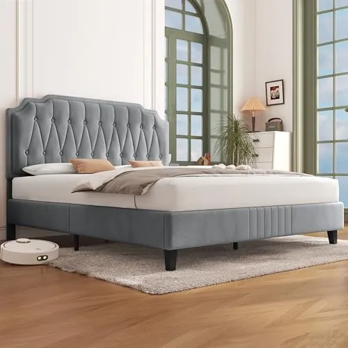 Yaheetech Cama Tapizada en Terciopelo Cama Matrimonio 160×200cm Gris Claro