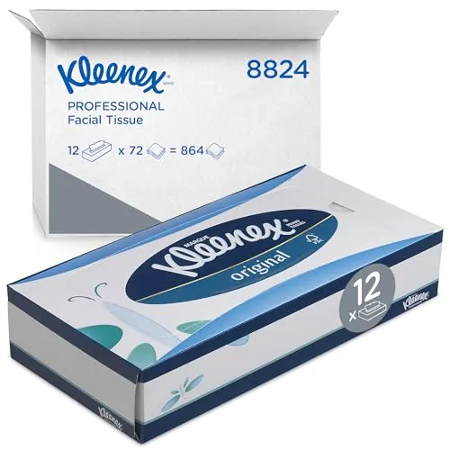 Kleenex Caja de Pañuelos 8824, 3 Capas, Suaves y Resistentes, Sin Fragancia, 12 Cajas x 72 Hojas (864 total)
