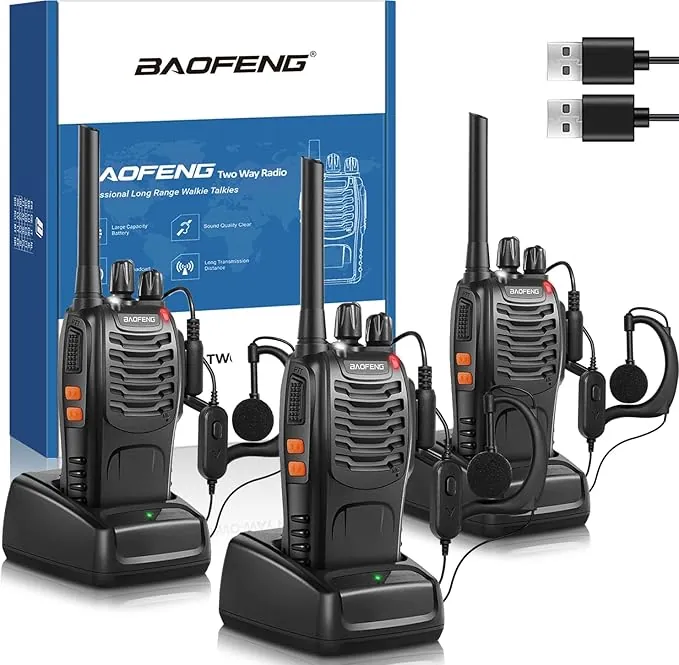 Baofeng Walkie Talkie Profesional PMR Radiocomunicación USB Recargable 16 Canales de Larga Distancia Portátil Walkie Talkies con Auriculares y Luz LED (Negro, 3 PCS)