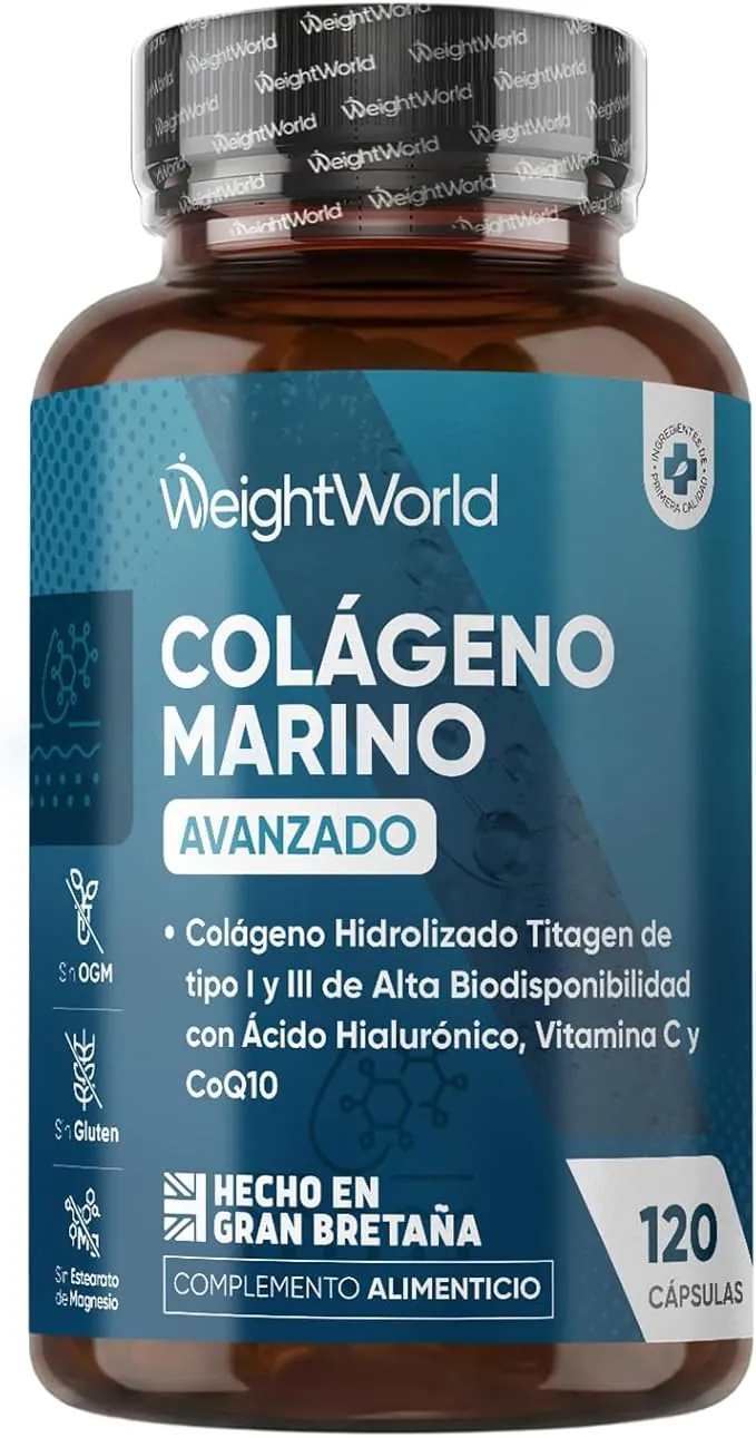 Colágeno Marino con Ácido Hialurónico, Vitamina C, Zinc y Coenzima Q10-120 Cápsulas de Colágeno Tipo I y III del Titagen®, Sin Estearato de Magnesio, OGM ni Gluten