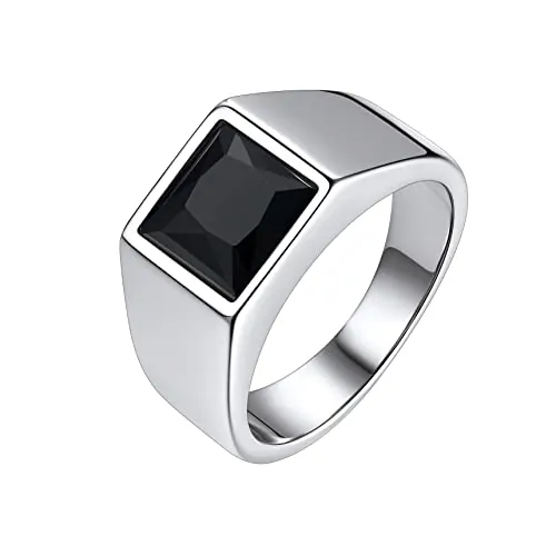 Bestyle Anillos Hombre Plata Anillos Sellos Mujer Anillos de Sello Cuadrado Anillo Piedra Negro Anillos de Acero Inoxidable para Mujer Talla 17