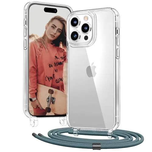OLEPHY Transparente Funda con Correa para iPhone 15 Pro MAX 6,7", PinoVerde | Case con Cuerda para hombro y cordón [Ajustable y Extraíble],