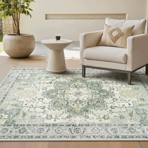 GENIMO Alfombra Salon Vintage Alfombras de Área Lavables en Máquina, Alfombras con Base Antideslizante, Alfombra de Dormitorio de Pelo Corto para Cocina, Comedor, Verde, 140X200CM