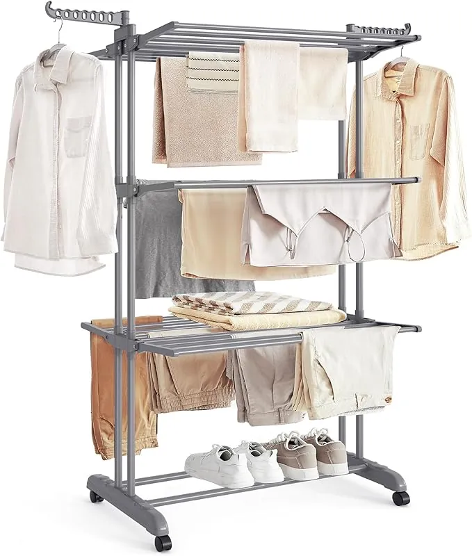 SONGMICS Tendedero Plegable de 4 Niveles, con Ruedas, Alas Plegables, 63,5 x 128 x 173 cm, Gran Capacidad, Montaje Fácil, Uso Interior y Exterior, Gris LLR701G01