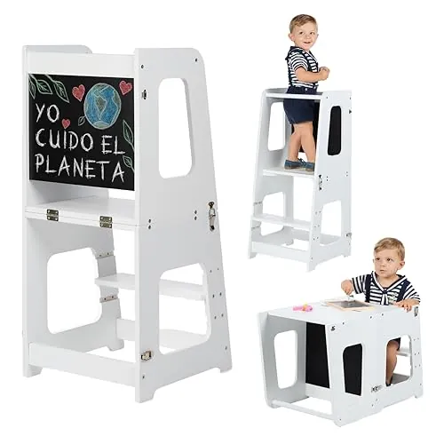 KYWAI® Torre de Aprendizaje Plegable de Madera Premium, Torre Aprendizaje 3 en 1 Convertible en Mesa y Silla – Empresa Comprometida con la Reforestación, Desde 1 Año, Escalón Ajustable (Blanco)