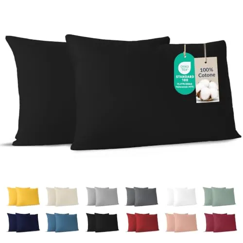 Dreamzie - Funda Almohada 40x60 cm - Juego de 2 - 100% Algodón - Negro | Certificado Oeko-Tex · con Cremallera · Jersey · 150 g/m² · Transpirable · Lavable · Ideal para Cojín de Sofá y Cama