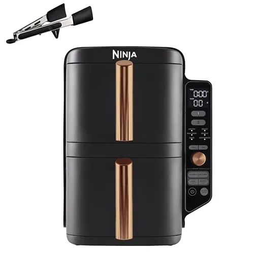 Ninja Double Stack XL Freidora de aire, 9,5l, Doble cajón vertical, 4niveles de cocción, 2cajones y 2rejillas, diseño para ahorrar más espacio, 6funciones de cocción, 8porciones, negro/cobre,SL400EUCP