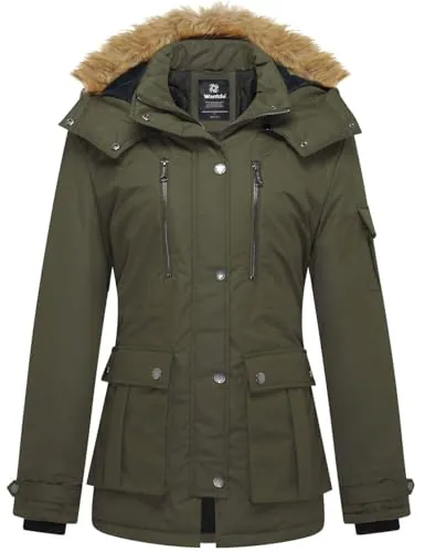 Wantdo Chaqueta de Invierno Mujere Longitud Media Delgada Verde Militar L