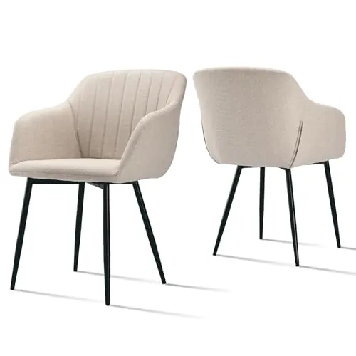 Goeurvant Pack de 2 Sillas de Comedor con Reposabrazos, Sillas Tapizadas de Lino con Patas Metálicas, Modernas Sillón para Salón y Cocina, Beige