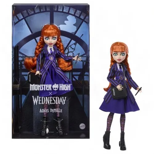 Monster High x Wednesday Agnes DeMille Muñeca | Muñeca coleccionable con trenzas rojas, uniforme púrpura, accesorios y soporte, JNJ92