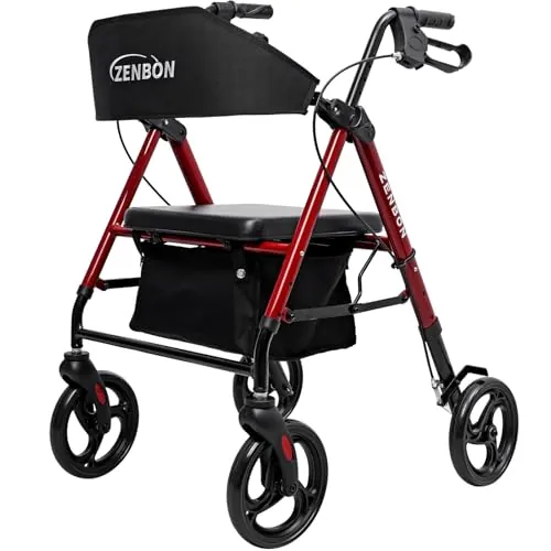 Andador para Ancianos con Asiento: Andadores para Personas Mayores Andador Plegable - Andadores con llantas de 20cm para Todo Terreno viaje de Aluminio Ajustable en 6 Posiciones de Altura (Rojo)