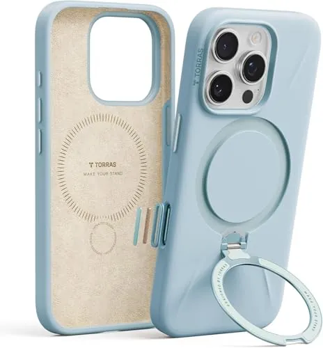 TORRAS Funda Ostand Q3 Silikon para iPhone 16 Pro MAX 16pm, Carcasa de Silicona Líquida con Soporte Magnético Giratorio 360, Protección Antigolpes y Antideslizante, Azul Cielo