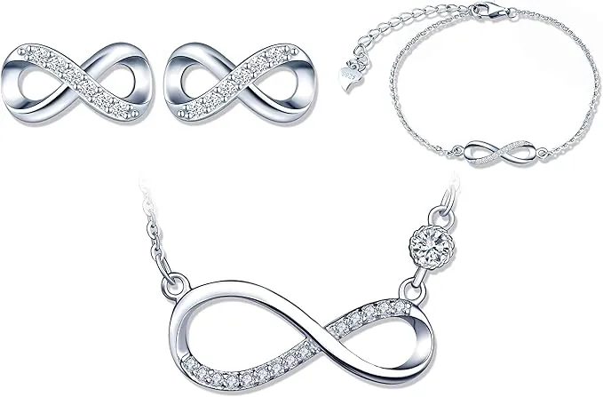 Juego de joyas de plata de ley 925, símbolo de infinito, collar, pulsera y pendientes, símbolo de infinito, circonitas, joyas para mujeres, niñas, Navidad, cumpleaños, regalo de plata, plata de ley,