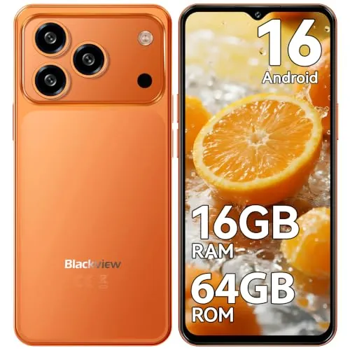 Blackview Wave 7C Telefonos Moviles Libres Android 16, 16GB+64GB, Naranja | 6.56" Telefono Movil, Batería 5000mAh Smartphone, Cámara 32MP+13MP Móvil, 4G Dual SIM, 3 Slot, Face ID, IP54, 3.5mm Jack