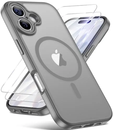 FLLAO Funda para iPhone 17, Compatible MagSafe, con 2 Piezas Protector de Pantalla Cristal Templado, [Protección de Cámara] Magnética Carcasa Translúcida Mate Trasera Fina Antigolpes, Gris