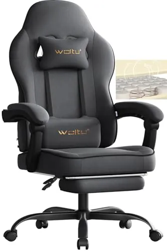 WOLTU Silla Gaming,Silla Gamer con Reposabrazos y Soporte Lumbar,Gris | Ergonómica,para Oficina y Estudio, Asiento Elastico, Estructura Metal, Tela Sintética