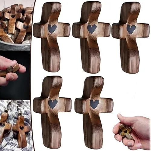 Eunmsi Cruz de madera con corazones entrelazados, regalo de aliento, cruz de bolsillo suave para aliviar el estrés y oración para niños y adultos (A-5 unidades)