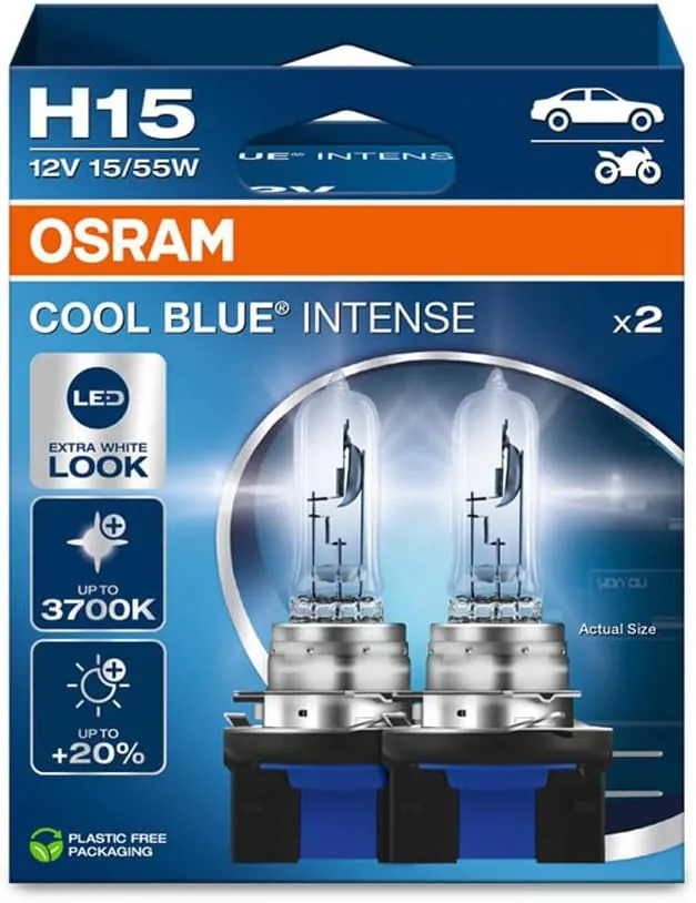 OSRAM COOL BLUE INTENSE H15, +20% más de brillo, hasta 3700K, lámpara de faro halógena, aspecto LED, caja plegable colgante (2 lámparas)