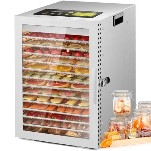 Kwasyo Deshidratador de Alimentos de Acero Inoxidable con 12 Bandejas, Secado eficiente de 360° con doble ventilador, Temporizador 24 horas, Temperatura: 30 a 90℃, deshidrata fruta, carne, verduras