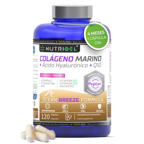 Colágeno Marino Hidrolizado Peptan® + Ácido hialuronico + Magnesio + Astaxantina + CoQ10 + Zinc + Vitaminas C, D3 y B12 - Articulaciones Fuertes, Piel Tersa y Energía - Probada en laboratorio