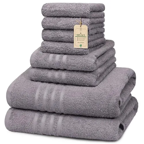 HomeBurg Core Set de Toallas 8 Mix - Pequeñas (30×30 cm), Medianas (40×60 cm) & Grandes (60×135 cm) - Suaves, Absorbentes & Confortables, Gris Acero