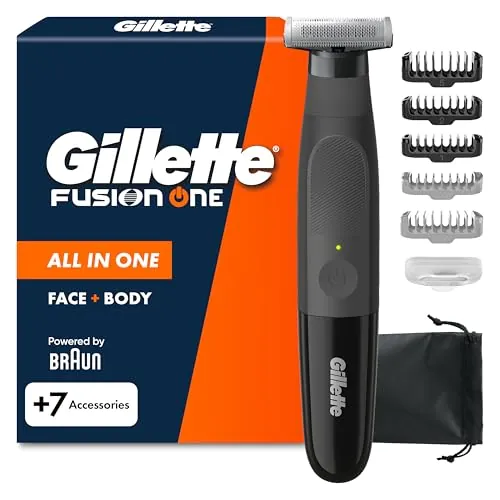 Gillette Fusion One Recortadora de Barba Y Afeitadora Corporal, Barbero Todo en Uno para Cara Y Cuerpo, Cabezal Pivotante, 4 Peines, Funda, Resistente al Agua, Inalámbrica, 45 Min de Uso, Negro