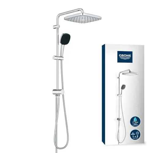 Grohe Sistema de ducha Vitalio Comfort 250 Flex con desviador, ahorro de agua, 2 tipos de chorro, instalación flexible, duradero, cuadrado, cromo, 26698001