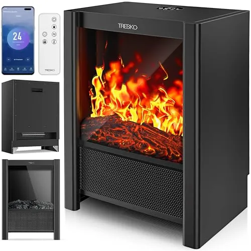 TRESKO Chimenea eléctrica Calefacción 2000 W, Smart Home WiFi App & Mando | Estufa eléctrica con Efecto Llama LED y Pantalla LCD | Chimenea eléctrica con termostato | Calefacción por ventilado