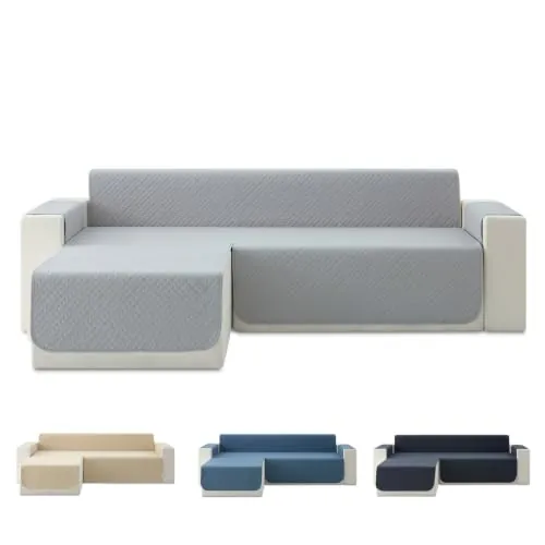 Todocama Funda Cubre Sofá Chaise Long Izquierdo 240 cm, Protector Acolchado Piqué, Antiácaros, Fácil de Limpiar, (Gris Claro)