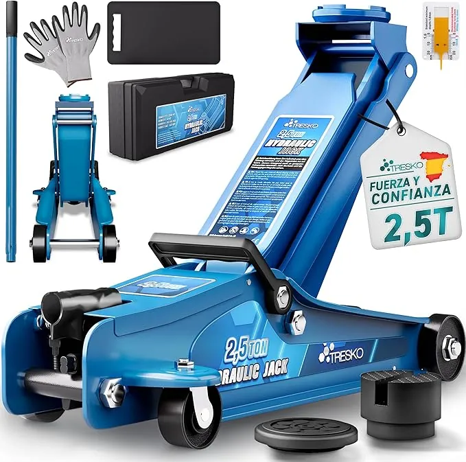 TRESKO Gato hidráulico de 2,5 T, Altura de elevación de 85 – 385 mm, con maletín, hidráulico, Plano, para Coches Bajos, Ruedas de 360°, Incluye 2 Almohadillas de Goma, Alfombrilla para Rodillas