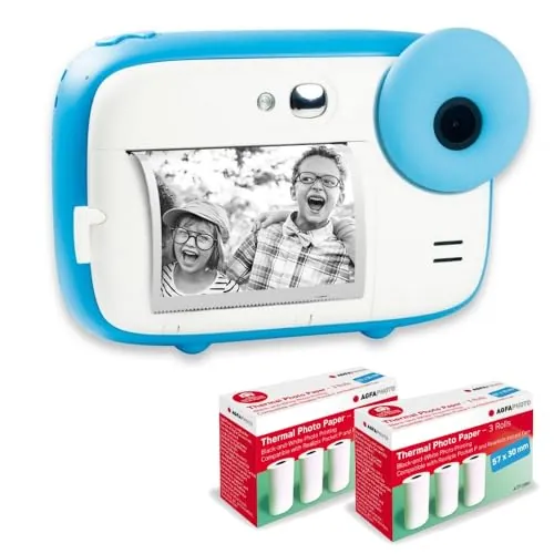 AGFA Photo Pack Realikids Instant CAM + 6 Rollos de Papel térmico ATP3WH adicionales, cámara instantánea Infantil, Pantalla LCD de 2,4 Pulgadas, batería de Litio, Espejo Selfie y Filtro de Fotos Azul