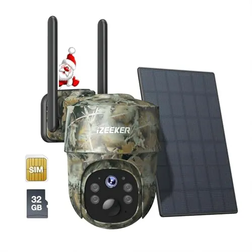 iZEEKER 4G LTE Cámara de Caza Solar, Cámara de Fototrampeo 2K PTZ con Tarjeta SD & SIM Vista Completa de 360° Transmisión en Vivo IR Sin Brillo Visión Nocturna Detección de Movimiento IP65 Impermeable