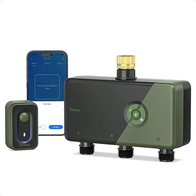 Diivoo Programador Riego WiFi 3 Zonas con Entrada de Latón, Riego Automático WiFi Compatible con Alexa/Google Assistant, 18 Programas de Riego, Retardo por Lluvia & Modo Niebla para Jardín y Césped