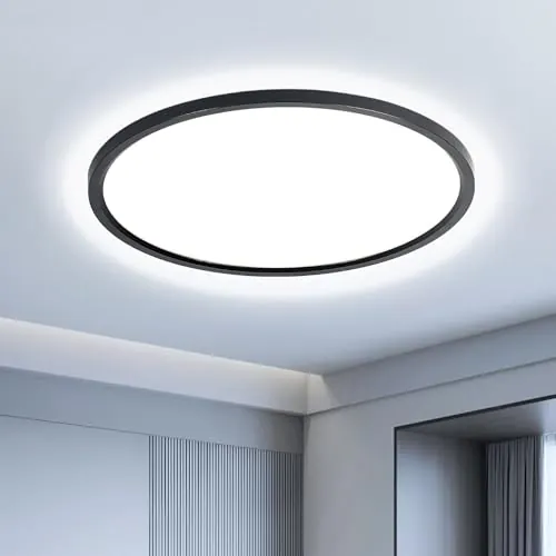 EASY EAGLE Plafón LED Techo 40cm Ultrafino, Lámpara de Techo Redonda Negra, Luz Blanca 6500K sin Parpadeo, IP44 Impermeable, LED Integrado de Larga Duración para Cocina Baño Salón Oficina