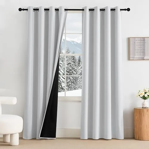 PONY DANCE Cortinas Salon Opacas 2 Piezas, Termicas Aislantes con Ollaos | 140x220cm(AnxAl),Blanco Gris, Bloquea la Luz, Proteccion UV, 100% Blackout para Dormitorio/Oficina, Puerta Divisora
