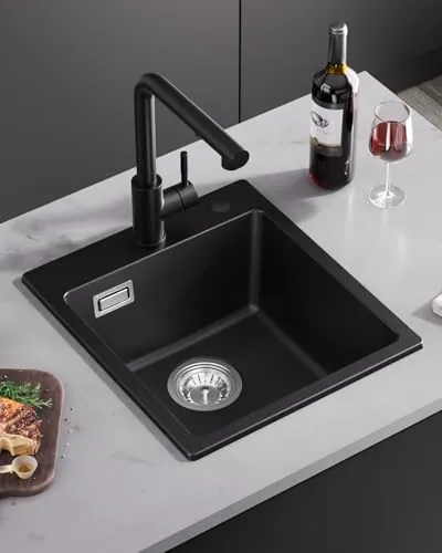 Sofetiy Fregadero Cocina Negro 40x45cm, Fregadero Granito 1 Seno, Fregadero de Cocina Con Sifón, Fregadero Sobre Encimera Rectangular, Fregadero con 2 Agujeros para Grifería, Fácil de Limpiar