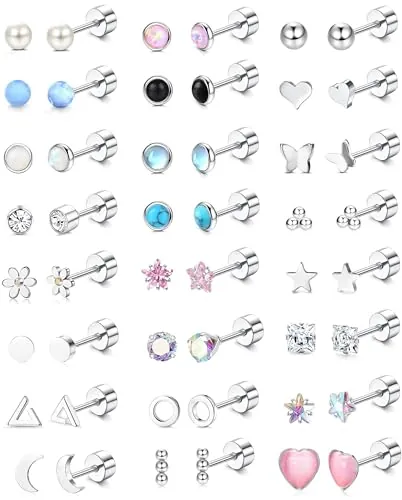 Diamday 24 Pares Pendientes Acero Inoxidable para Mujeres Piercing Oreja Estrella Luna Flor Ópalo 20G Tiny Screwback Pendientes Acero Quirurgico Hipoalergénico Flat Back Helix Piercing Joyería