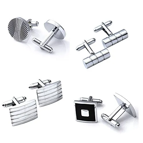 Juego de 4 pares de gemelos de acero inoxidable para hombre, de PiercingJ, estilo clásico, color plateado