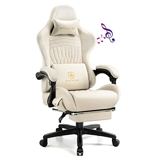 GTPLAYER Silla Gaming Reposapiés Altavoz Bluetooth Silla Ergonómica Gamer Oficina Asiento Giratorio con Reposabrazos Sincronizados y Más Cojín Lumbar de Apoyo (Marfil)