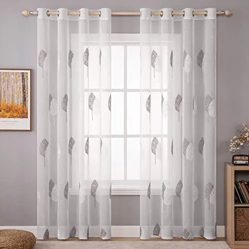 MIULEE Cortinas Salon con Bordado de Hojas Grandes Gris y Blanco 140x225 cm