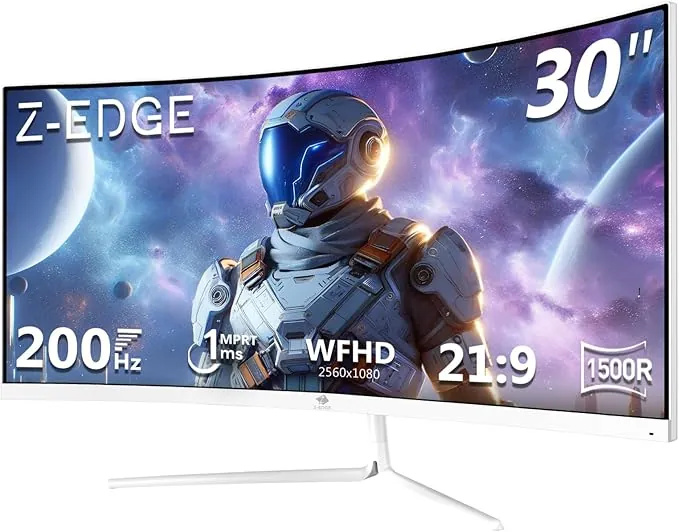 Z-Edge Monitor Gaming Curvo Blanco 30'' 200Hz, 1ms, 2560x1080, FreeSync, Pantalla PC White Ultra Ancho 21:9, Inclinación Ajustable, 1500R VA, 2×HDMI2.0 &2×DP1.4, RGB, VESA 75*75mm(DP Cable Incluido)