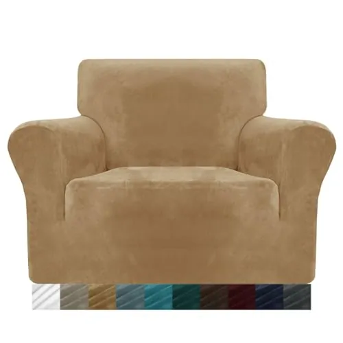 MAXIJIN Funda Gruesa Aterciopelada para Sillón, Super Elástica Antideslizante, 1 Plaza, Amigable con Mascotas, Protector 1 Pieza con Brazos (1 Plaza, Camello)